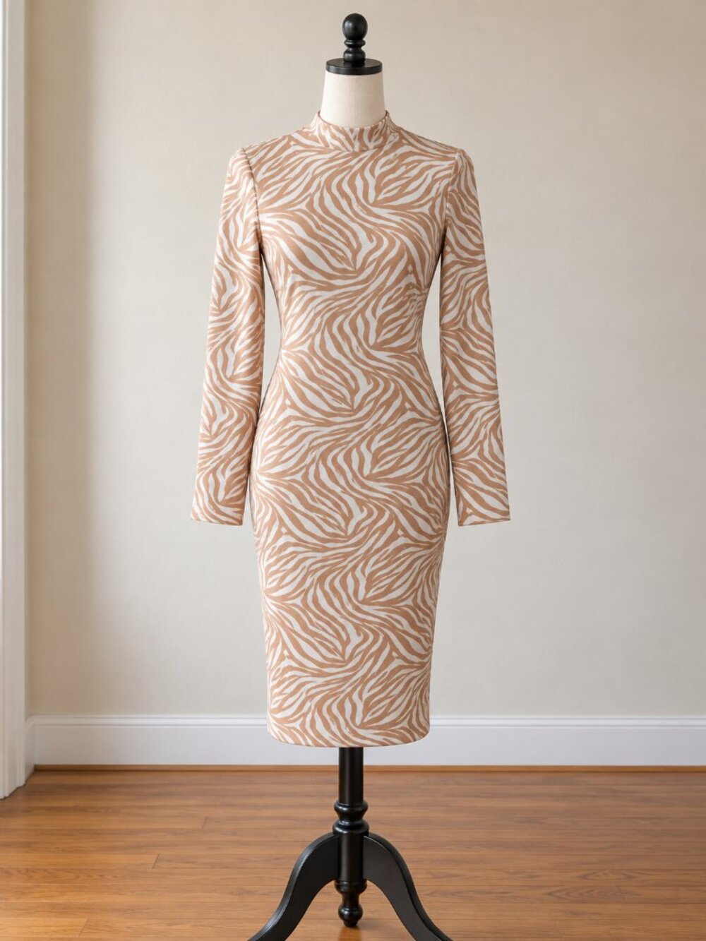 Ted Baker Villani Zebra Animal Print Midi Dress TB 2 US 6 Mock Neck Bodycon Knit